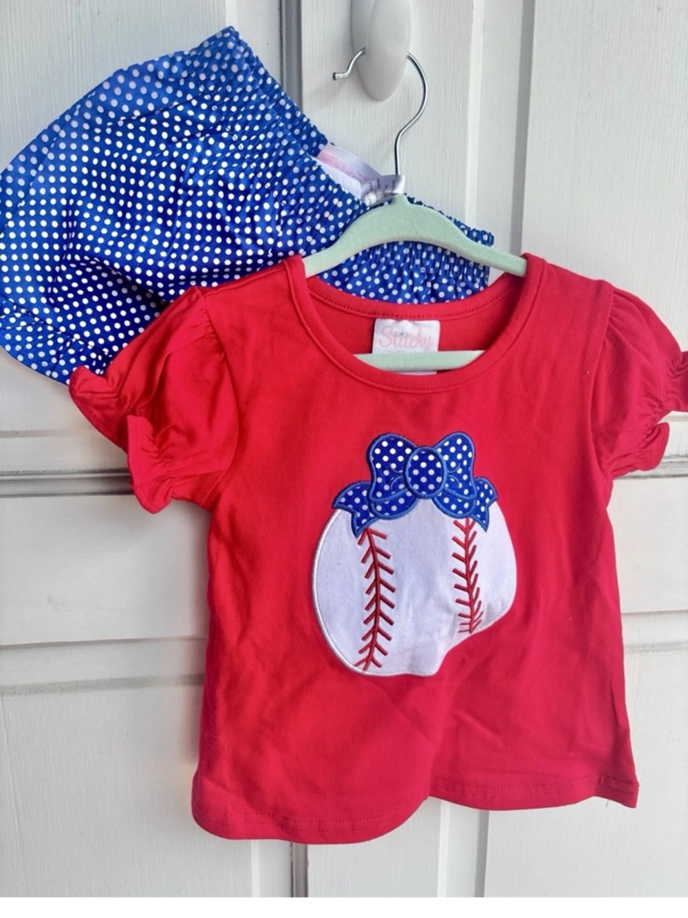 Stitchy Fish Girls Baseball Outfit 18M Red Shirt Blue Polka Dot Shorts Bow Set